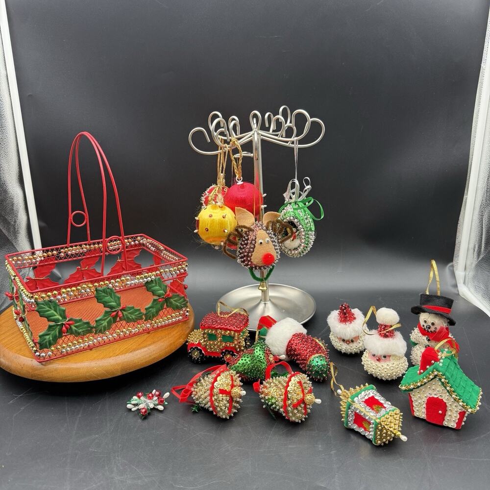 Vtg Beaded Sequin Push Pin Christmas Ornaments 16 + Basket Santa Reindeer Bells